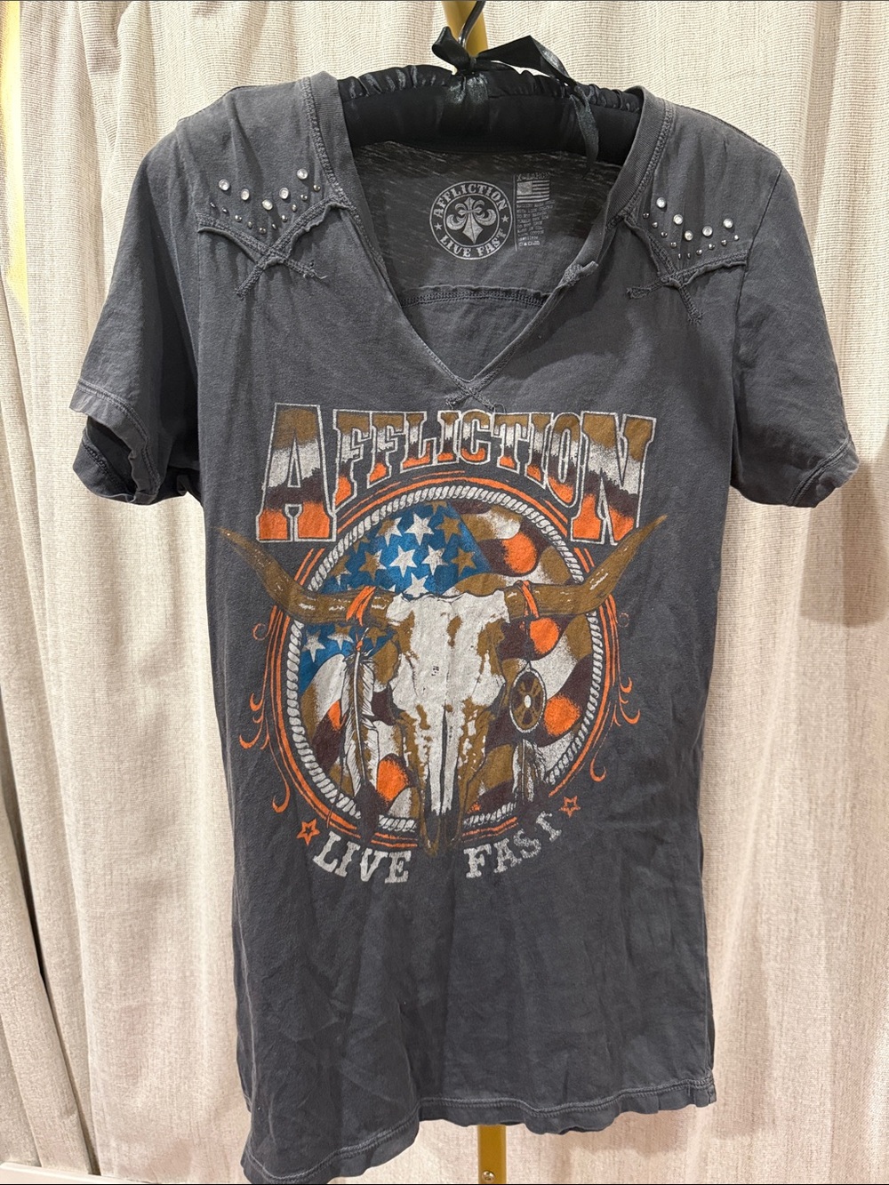 Affliction Black Graphic Tee with Orange & Blue American Skull vintage cl